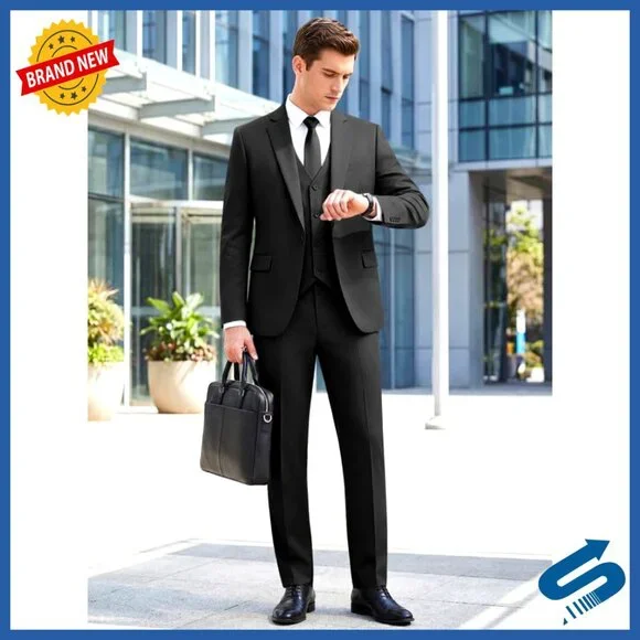 Slim Fit 3-Piece Suit Set Polyester Business Wedding Formal Blazer Vest Pants